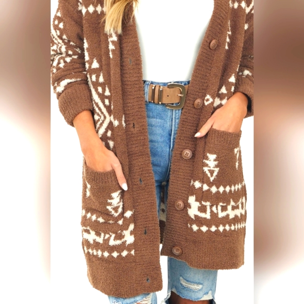 IN LOOM 🧡Coffee Geometric Soft Longline Button Up Cardigan⭐look western - Picture 2 of 13